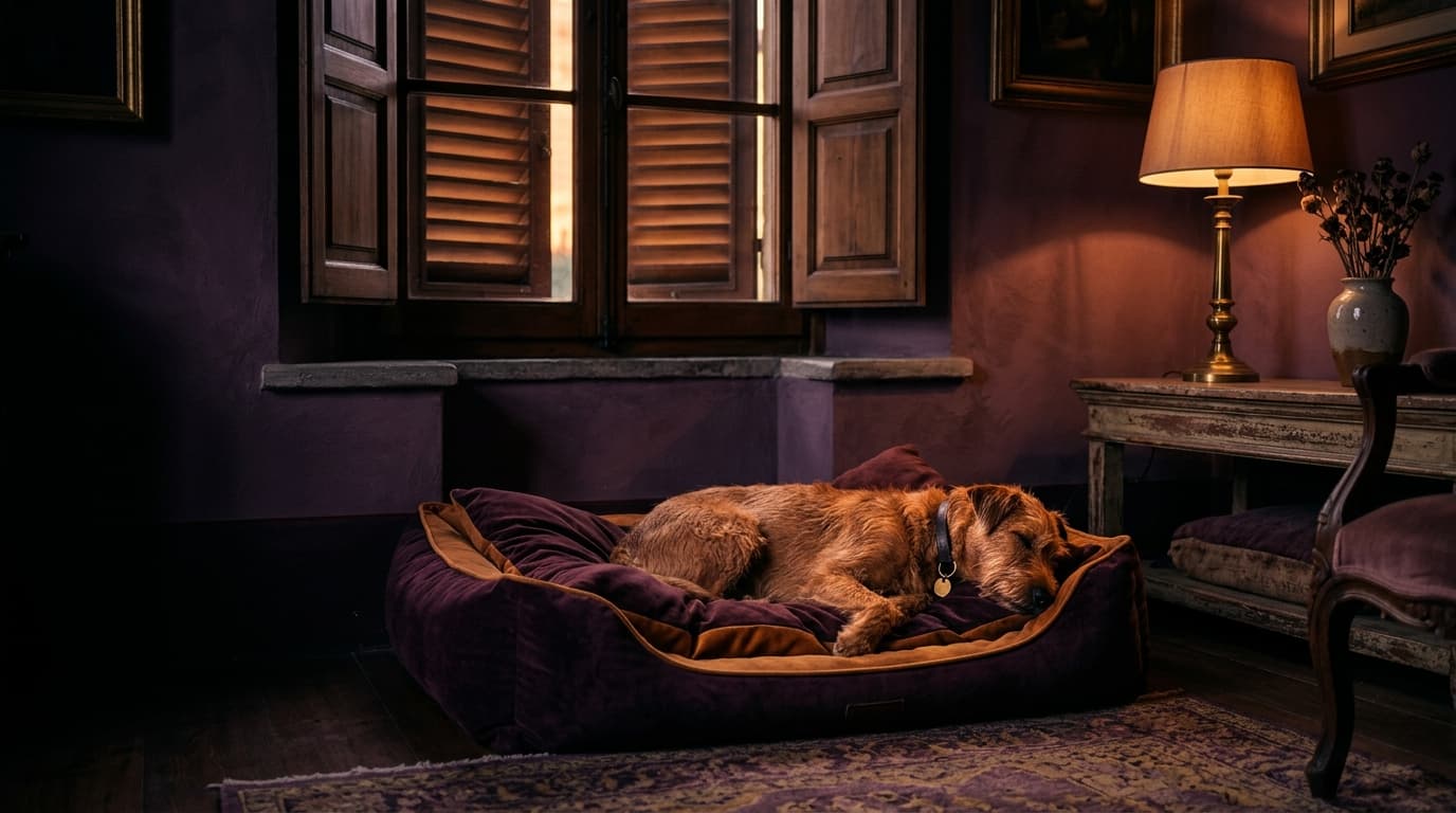 Ein Hund ruht im warmen Abendlicht auf einem edlen Bett