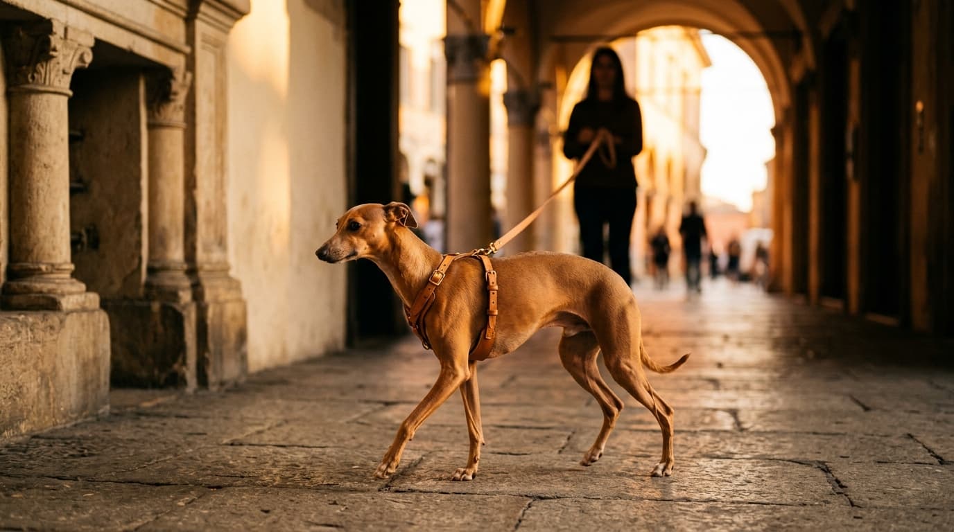 Ein Hund auf der abendlichen Promenade unter italienischen Arkaden im goldenen Licht