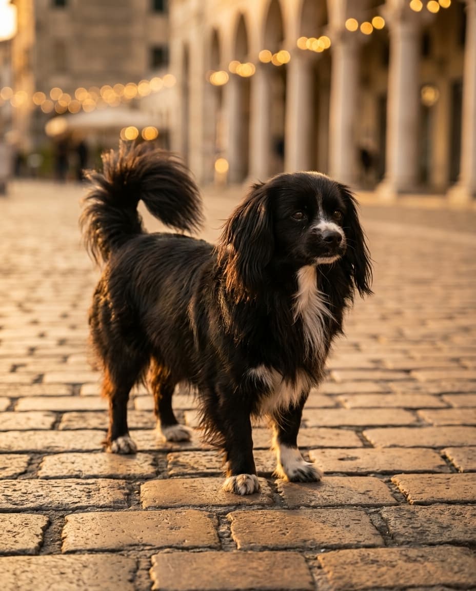 Martinas schwarz-weißer Hund steht bei der abendlichen Passeggiata auf dem alten Pflaster