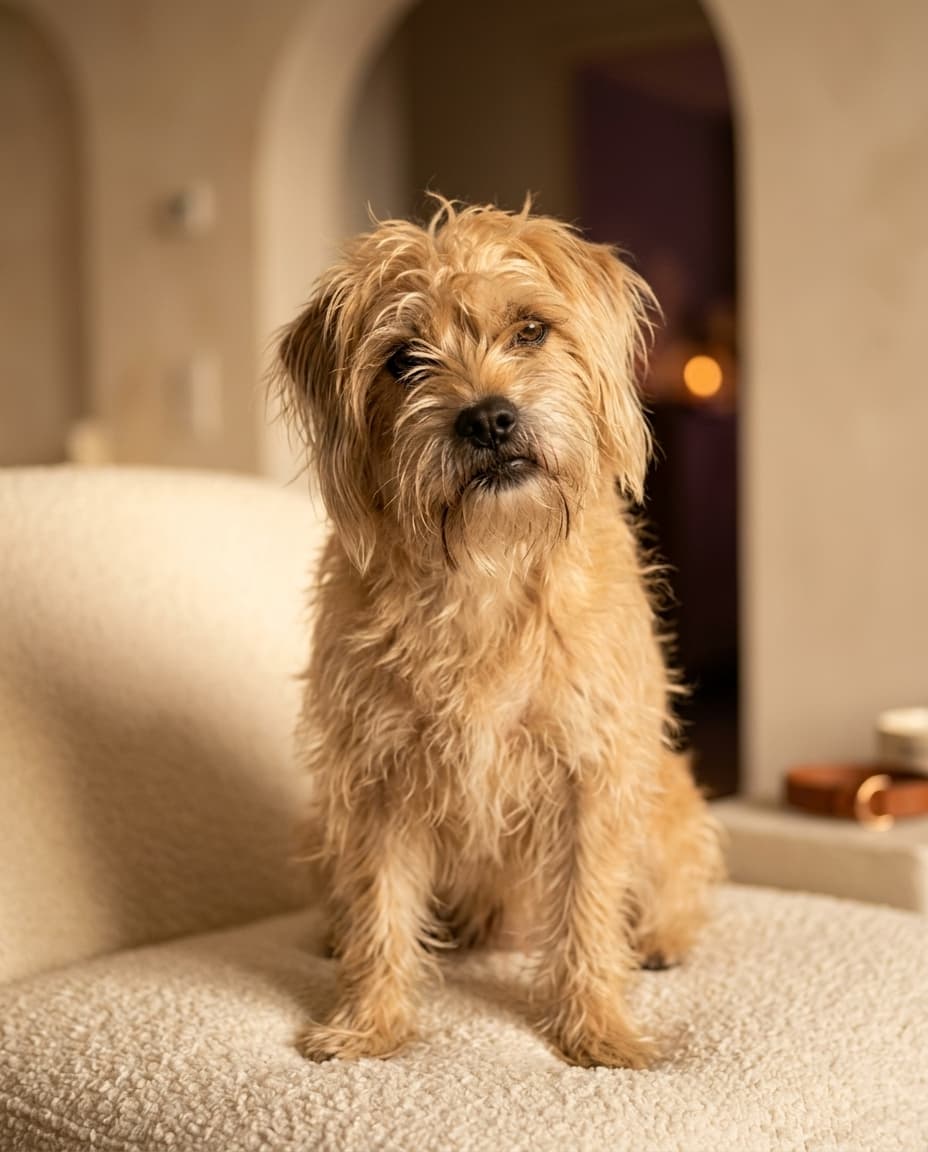 Martinas wuscheliger Terrier ruht im warmen Abendlicht auf einem Bouclé-Kissen