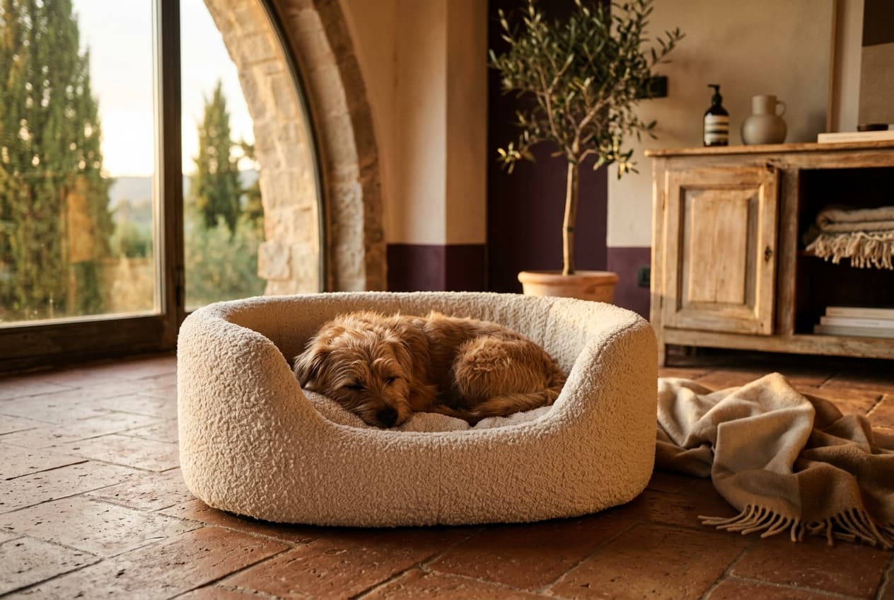 Ein Hund entspannt in einem edlen Bouclé-Bett im warmen italienischen Interieur