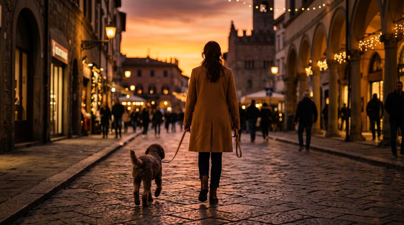 Eine Frau spaziert im goldenen Abendlicht mit ihrem Hund über eine italienische Promenade